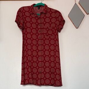 Red Patterned Bohemian Short Sleeve Button Up Dress